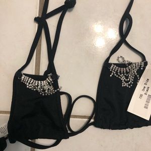 Black Bikini Top With Rhinestone Fringe
